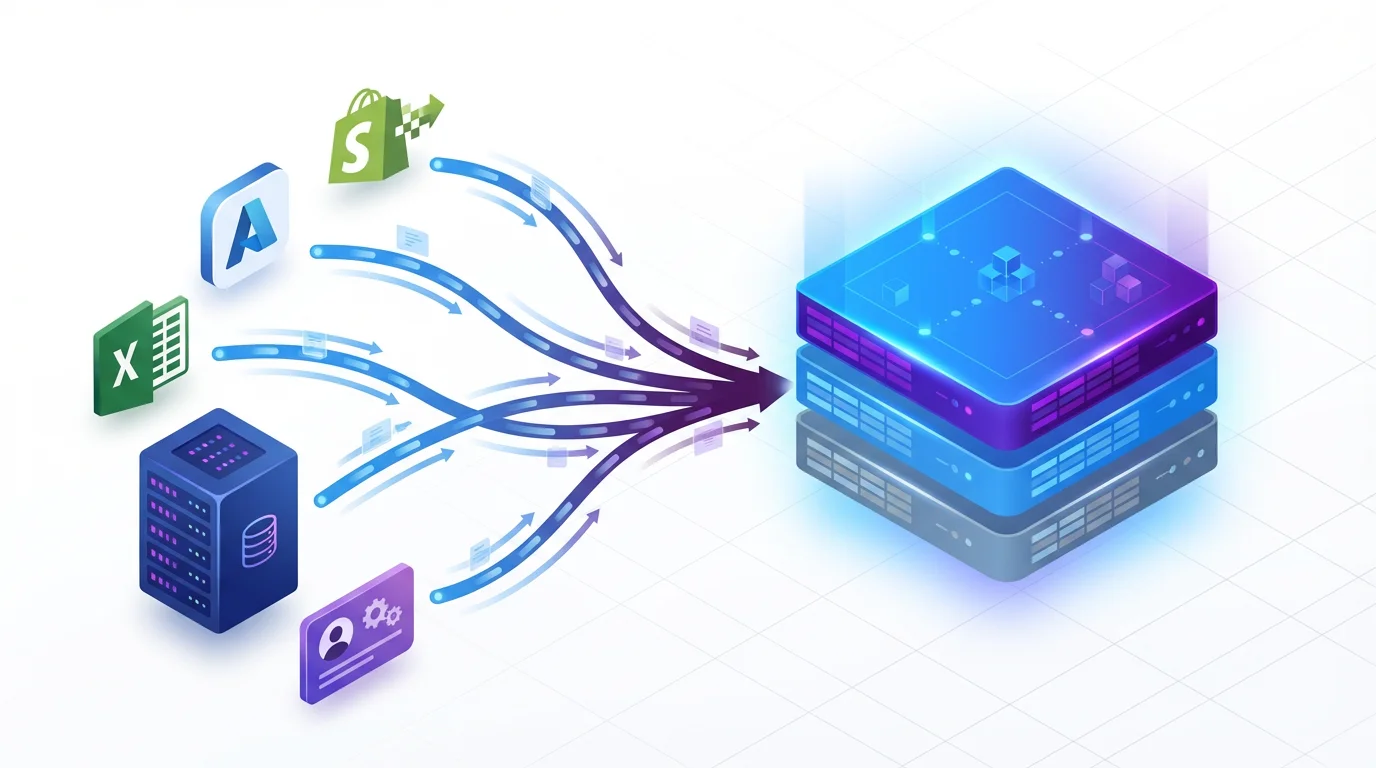 散在するデータが 1 つの基盤に統合される様子