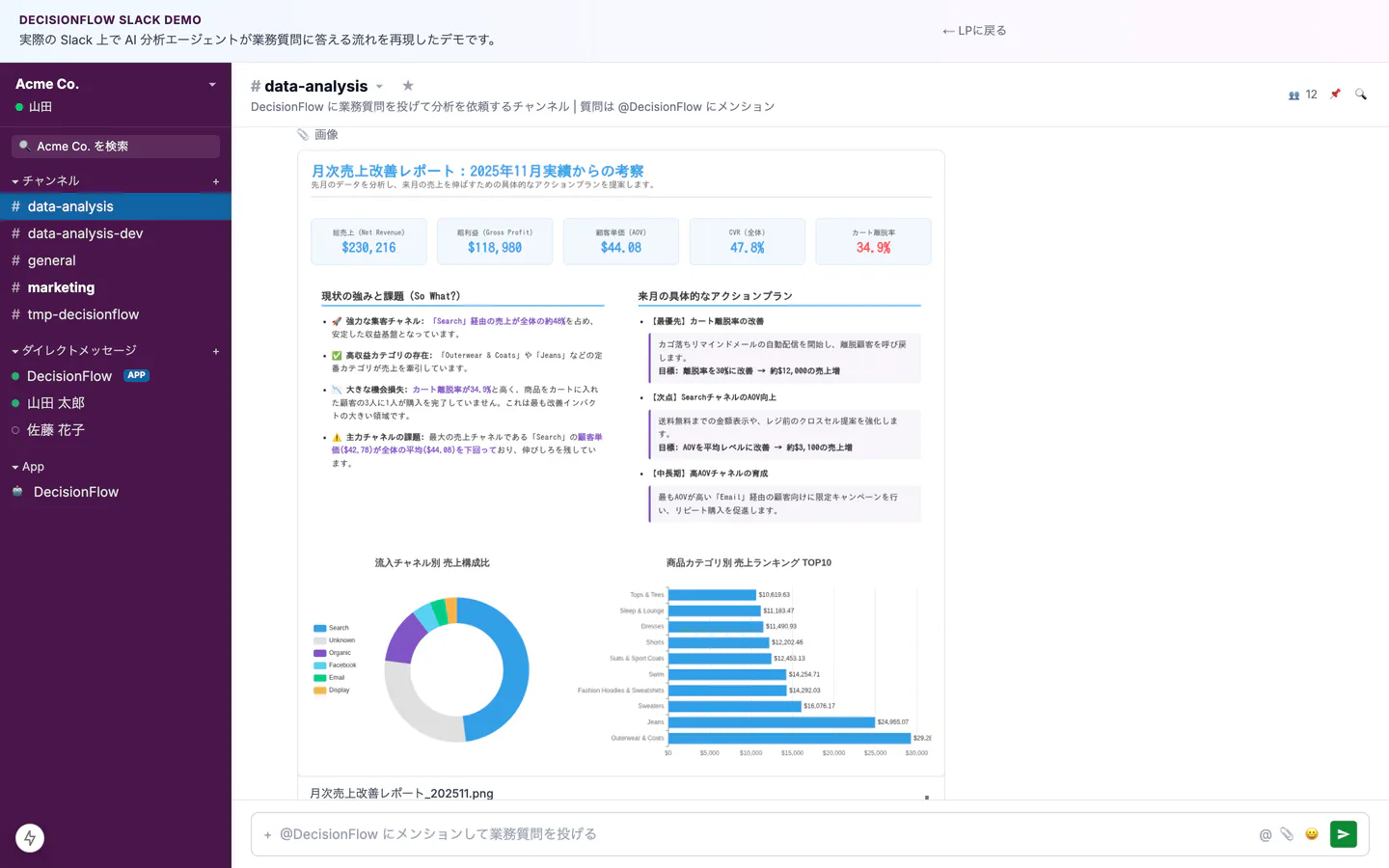 DecisionFlowに質問し、自社データの分析結果を確認している実際の画面
