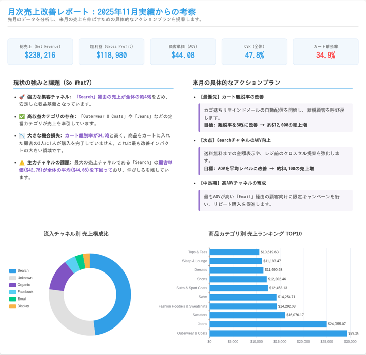 月次売上改善レポート: 2025年11月実績からの考察 (DecisionFlow が Slack に投稿したダッシュボード PNG)